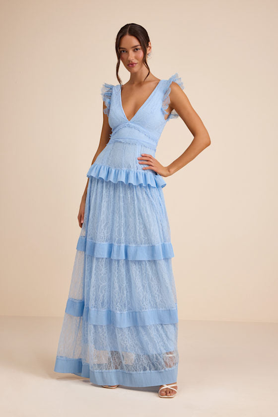 Marvelous Darling Black Lace Ruffled Tiered Maxi Dress