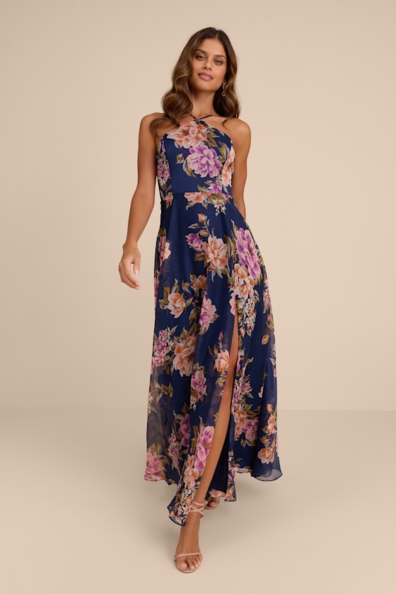 Romantic Marvel Pink Floral Print Halter Neck Maxi Dress