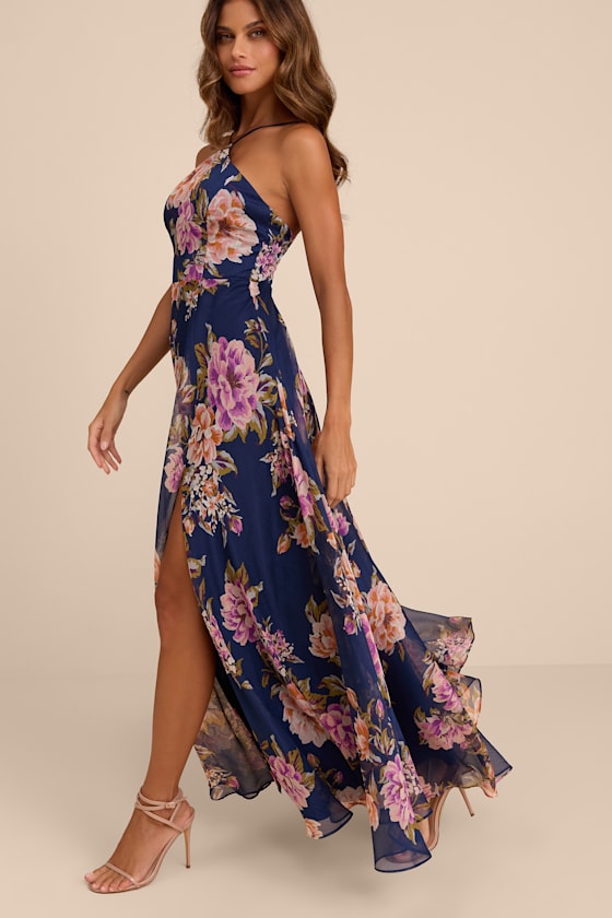 Romantic Marvel Light Pink Floral Print Halter Neck Maxi Dress