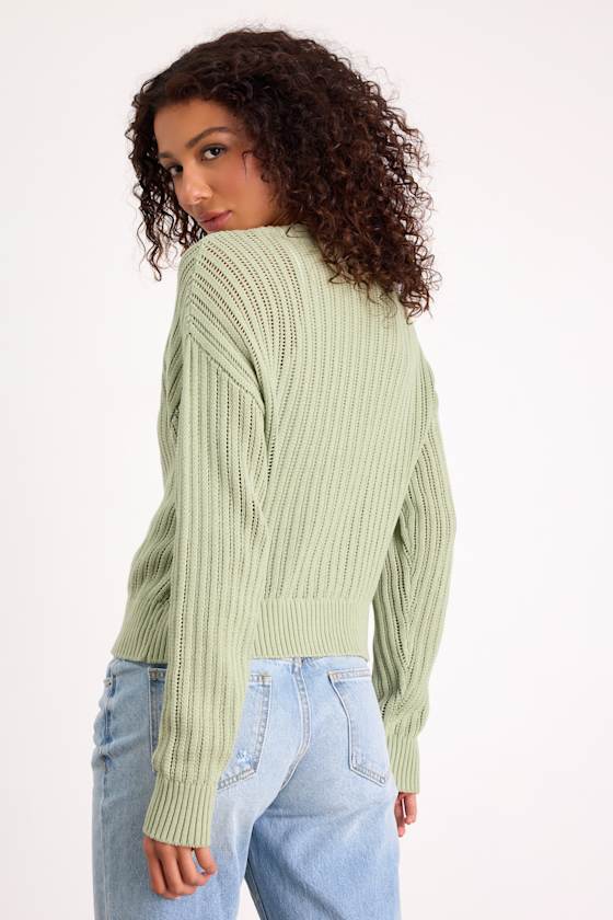 Fresh Feeling Sage Open Knit Button-Up Cardigan Sweater