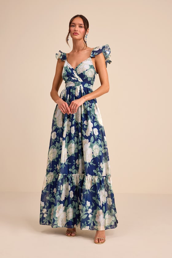 Soiree Perfection Light Blue Floral Ruffled Tiered Maxi Dress