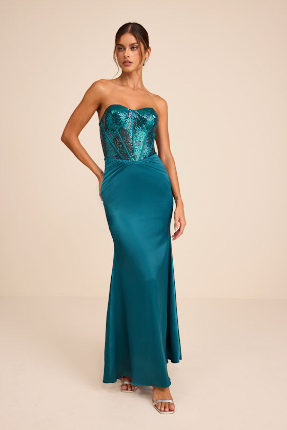 Ria Navy Blue Sequin Strapless Mermaid Maxi Dress