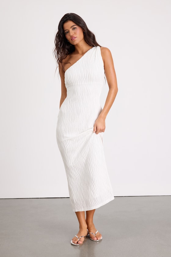 Aristea Light Green Textured One-Shoulder Midi Dress