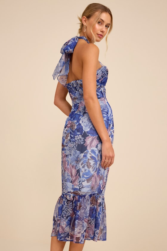 Juno Red Multi Floral Halter Trumpet Midi Dress