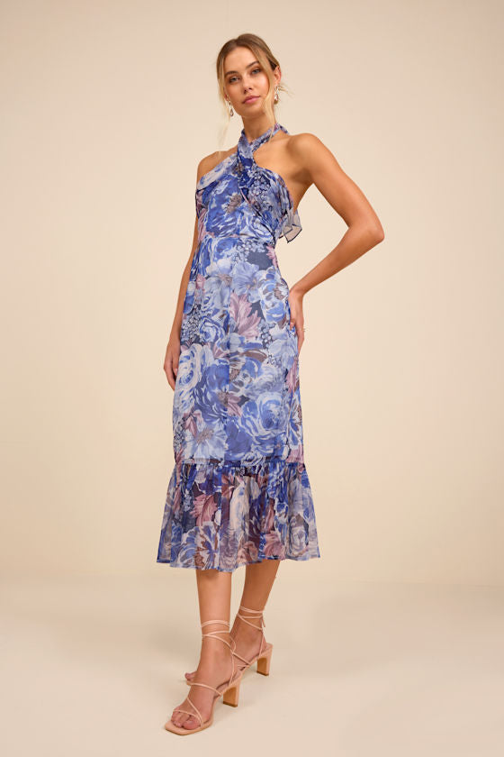 Juno Red Multi Floral Halter Trumpet Midi Dress