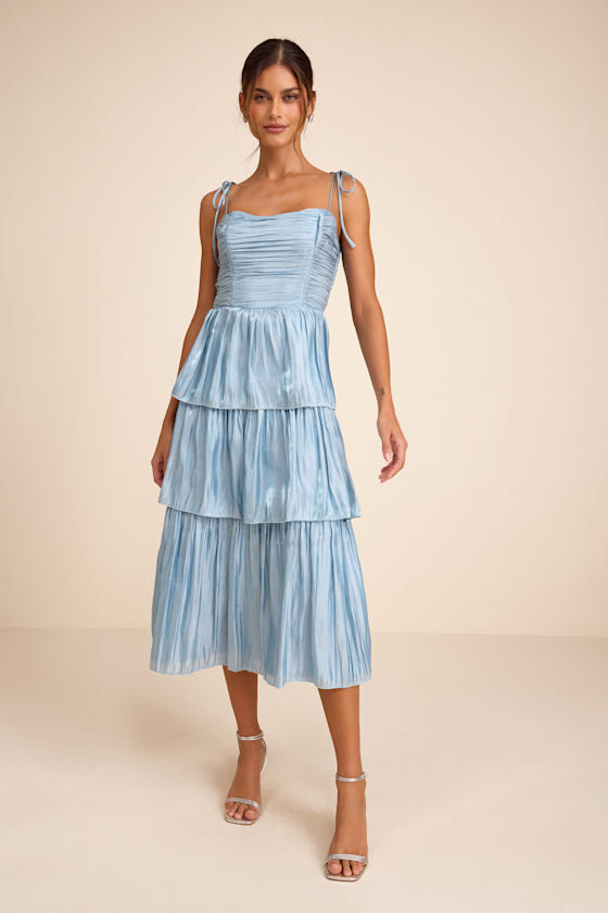 Tennon Olive Green Plisse Tiered Midi Dress