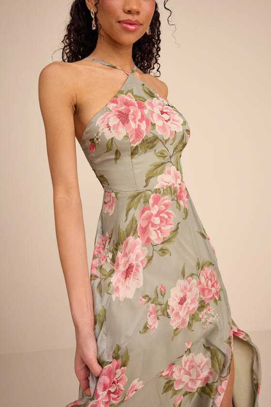 Romantic Marvel Light Pink Floral Print Halter Neck Maxi Dress