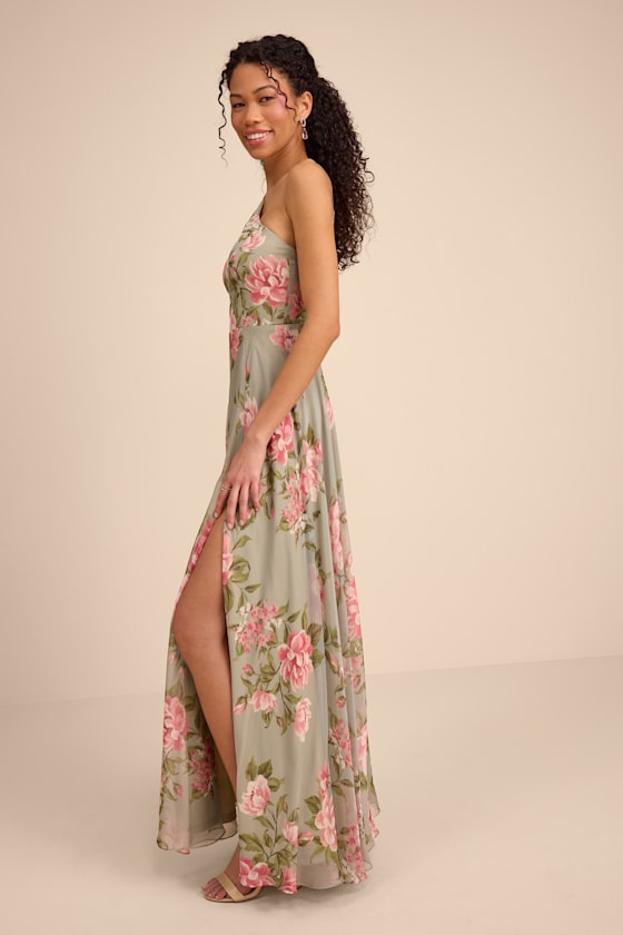 Romantic Marvel Light Pink Floral Print Halter Neck Maxi Dress