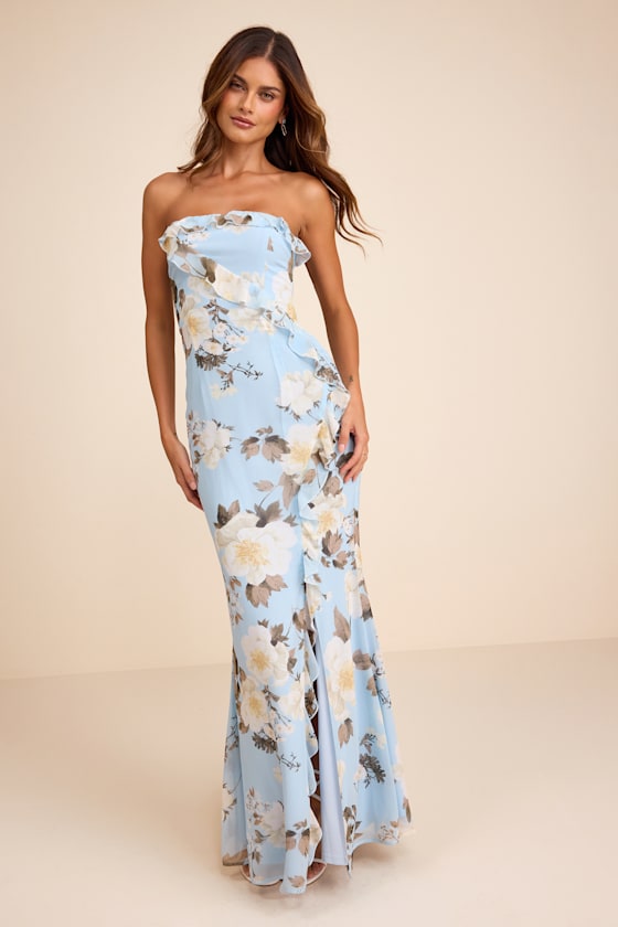 Excellent Sensation Navy Strapless Ruffled Maxi Dress