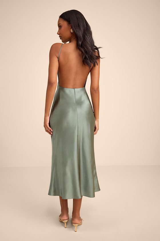 Val Sage Satin Backless Midi Dress