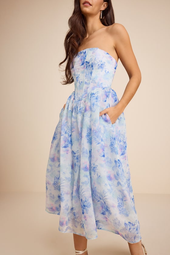 Eulalia Light Blue Floral Lace-Up Strapless Bustier Midi Dress
