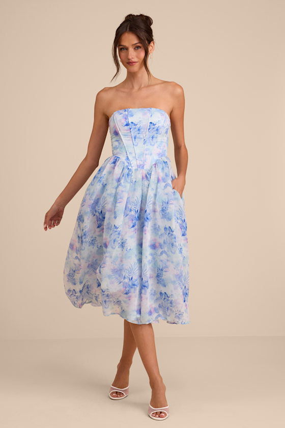 Eulalia Dark Blue Floral Lace-Up Strapless Bustier Midi Dress