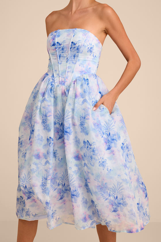 Eulalia Pink Floral Lace-Up Strapless Bustier Midi Dress