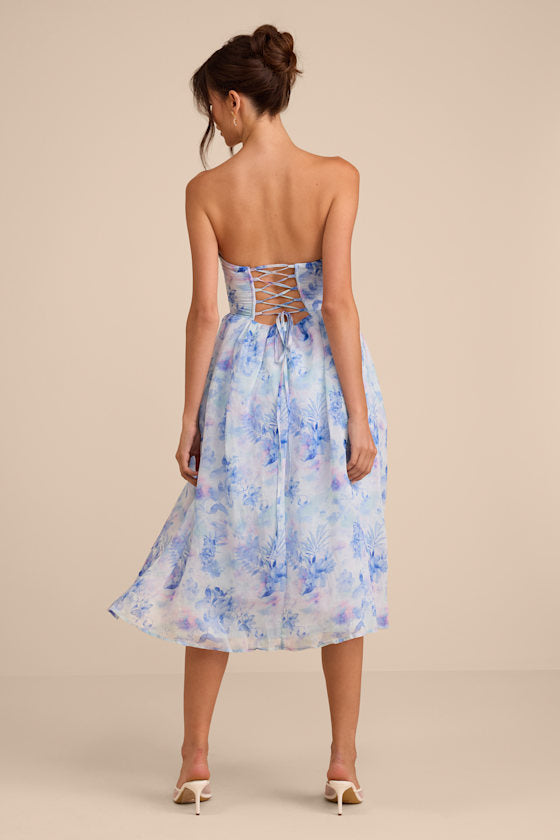 Eulalia Pink Floral Lace-Up Strapless Bustier Midi Dress
