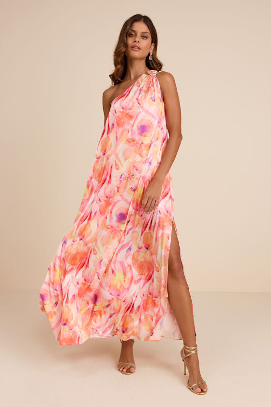 Goddess Aura Light Green Floral Satin One-Shoulder Maxi Dress