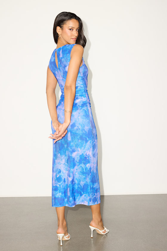 Elyra Orange Abstract Mesh Ruched Crew Neck Midi Dress