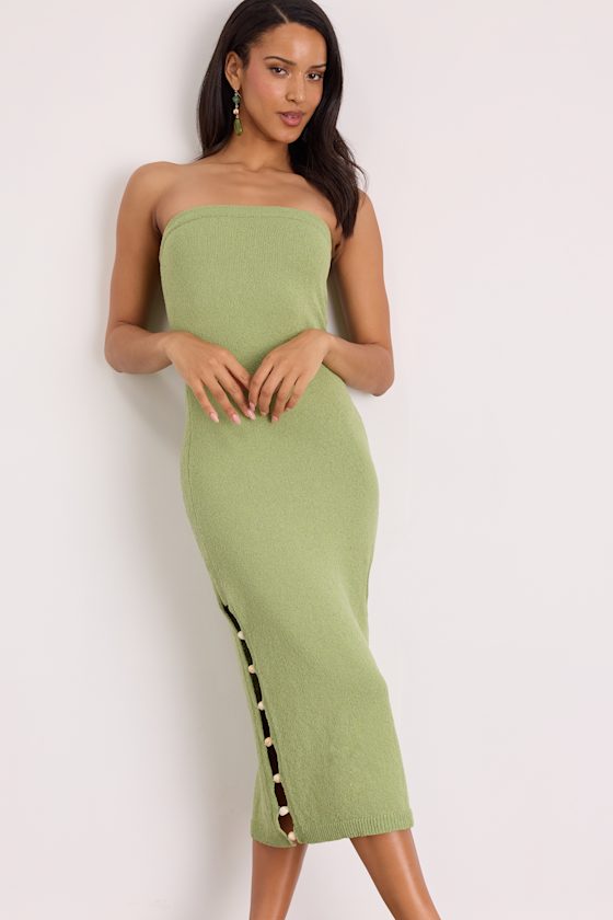 Brodi Light Green Strapless Shell Sweater Midi Dress