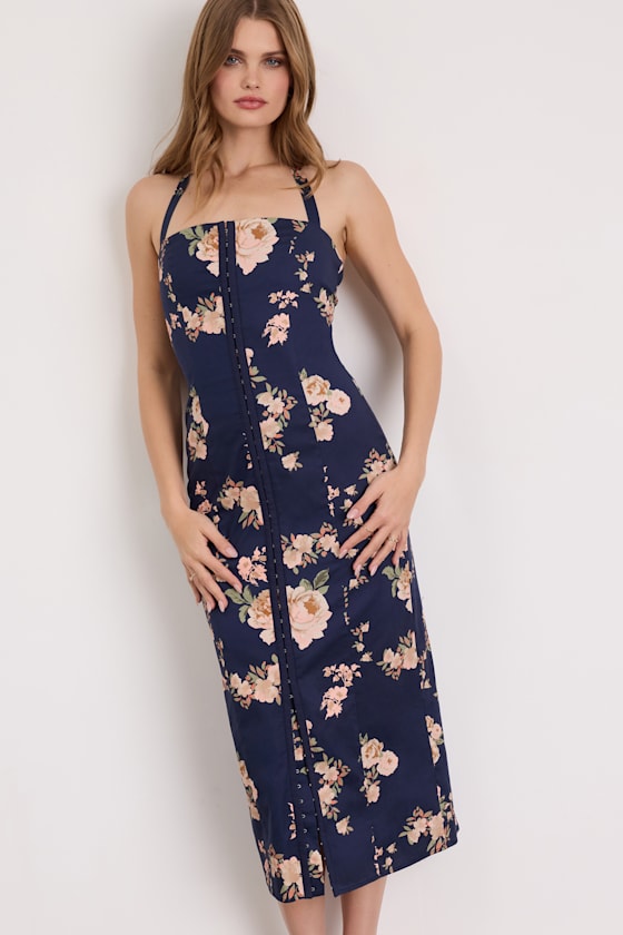 Arrosa Light Yellow Floral Halter Midi Dress