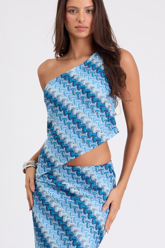 Fiala Blue Multi Crochet Chevron One-Shoulder Top