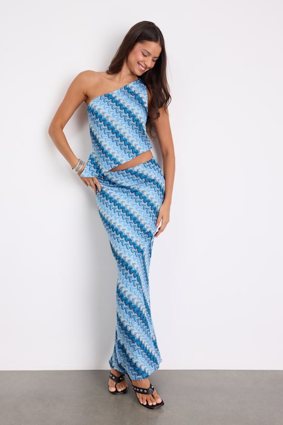 Fiala Blue Multi Crochet Chevron Mermaid Maxi Skirt