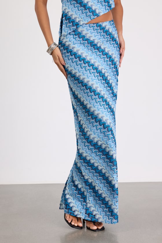 Fiala Blue Multi Crochet Chevron Mermaid Maxi Skirt