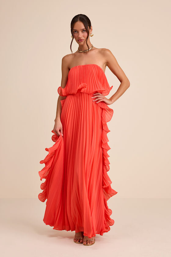 Andri Light Yellow Floral Pleated Ruffled Maxi Dress