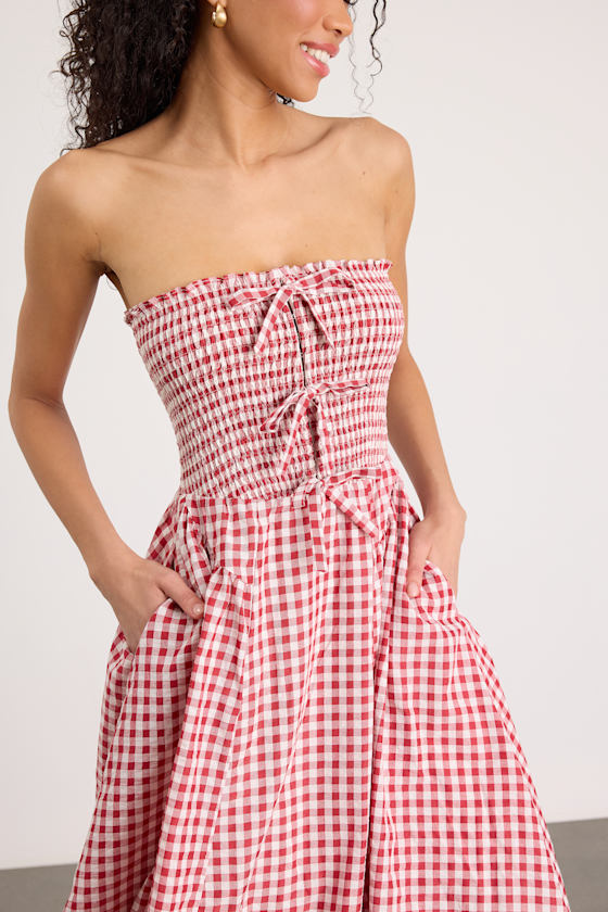 Clementina Red Gingham Smocked Midi Dress