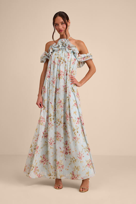 Amia Light Blue Floral Ruffled Shift Maxi Dress