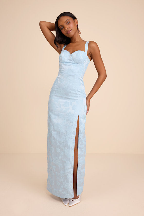 Demina Light Pink Floral Jacquard Bustier Maxi Dress