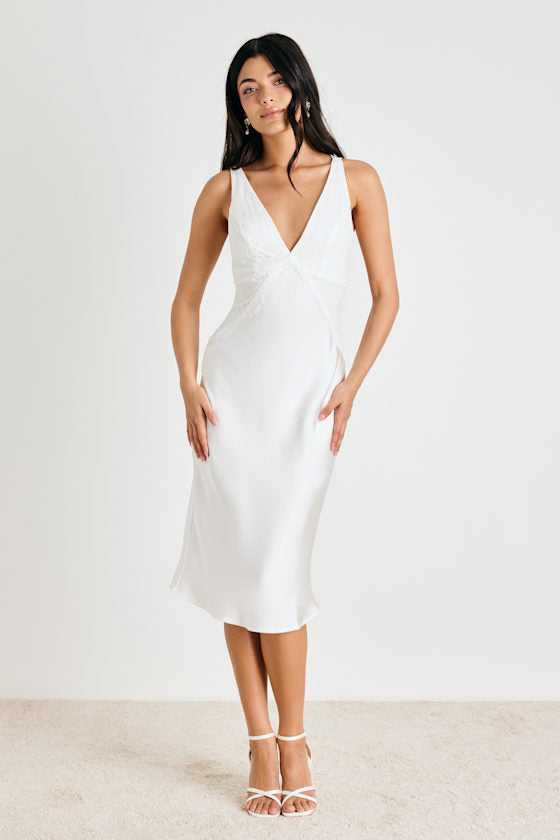 Deloise White Satin Lace Slip Midi Dress