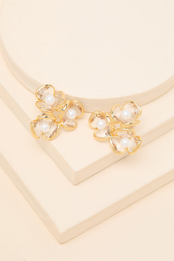 Lamina Gold Rhinestone Pearl Flower Earrings