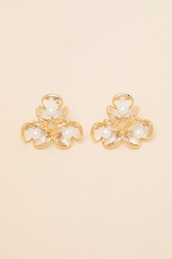 Lamina Gold Rhinestone Pearl Flower Earrings