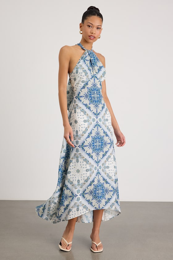 Hania White and Blue Boho Print Halter Midi Dress