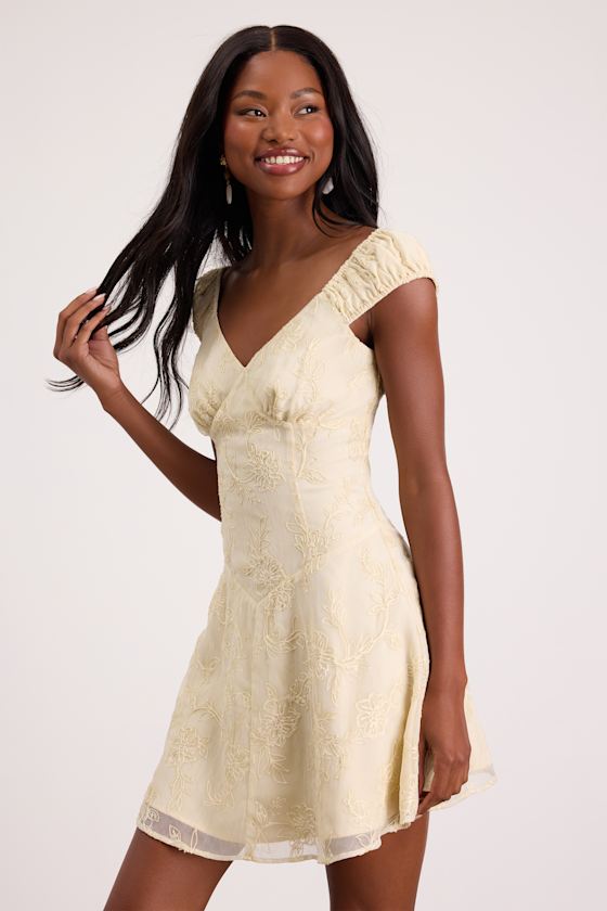 Aura Pale Yellow Embroidered Mini Dress