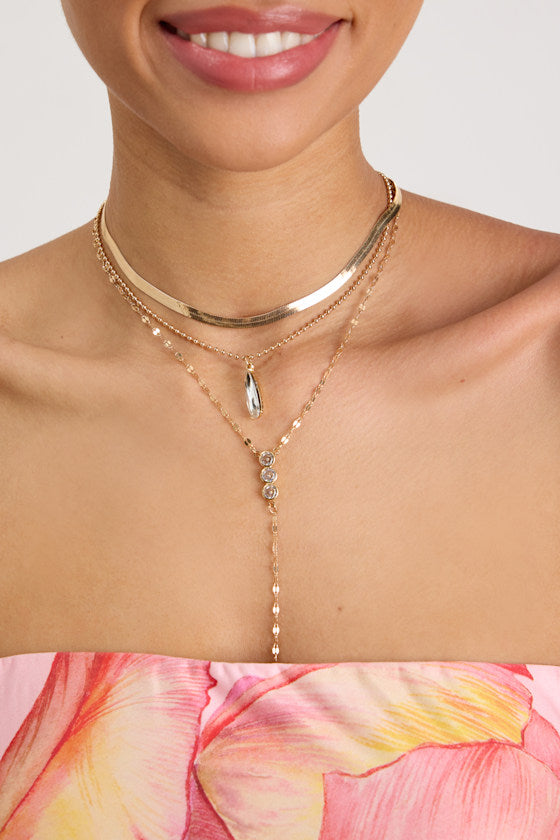Malana Gold Rhinestone Layered Lariat Necklace