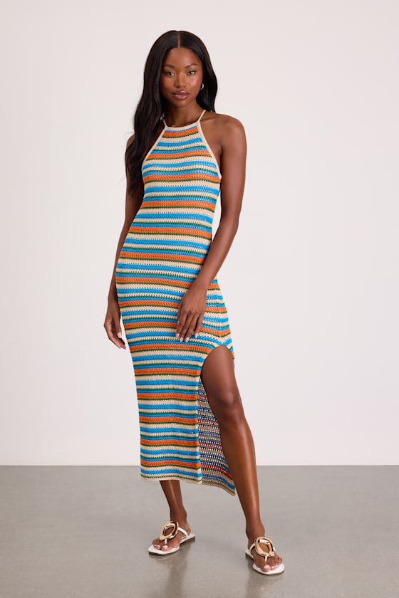 Nalani Blue Multi Striped Crochet Halter Midi Dress