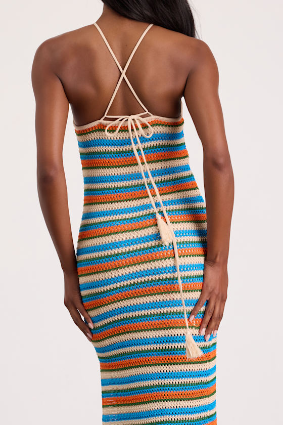 Nalani Blue Multi Striped Crochet Halter Midi Dress