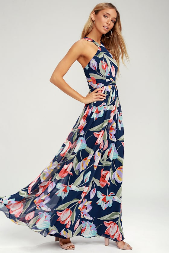 Lilja Navy Blue Floral Print Maxi Dress