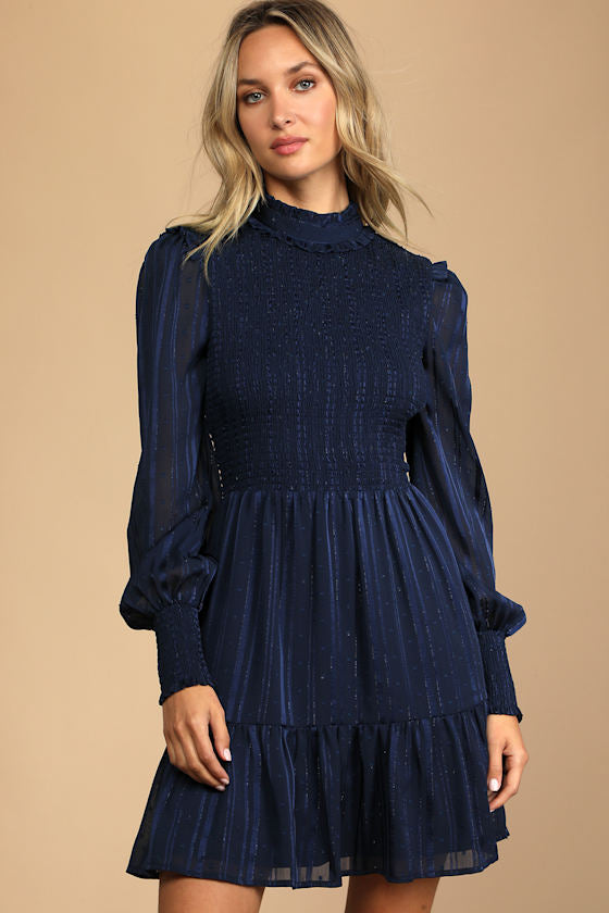 Heartful Romance Black Striped Smocked Long Sleeve Mini Dress