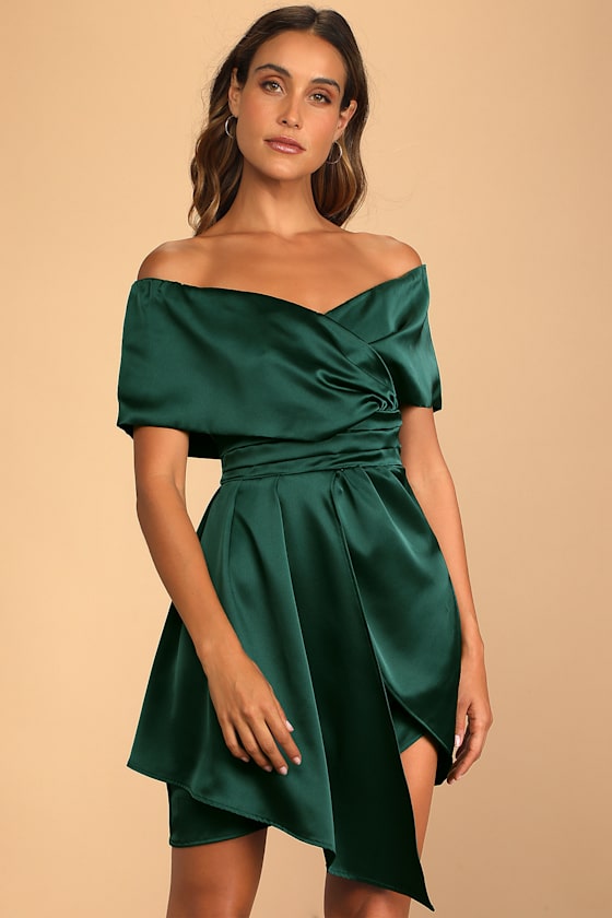 Always Celebrating Ivory Satin Off-the-Shoulder Mini Dress