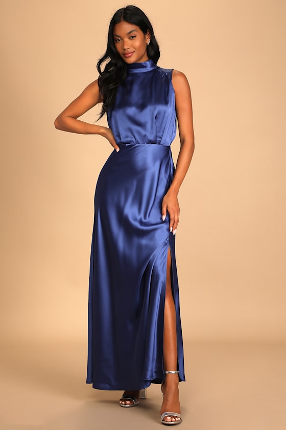 Classic Elegance Navy Satin Sleeveless Mock Neck Maxi Dress