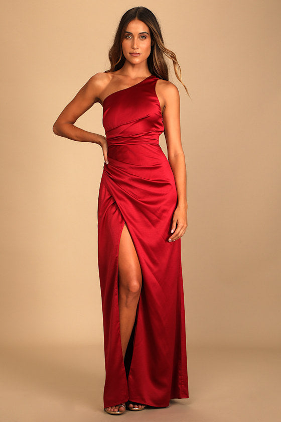 Dreaming of Elegance Emerald Satin One-Shoulder Maxi Dress