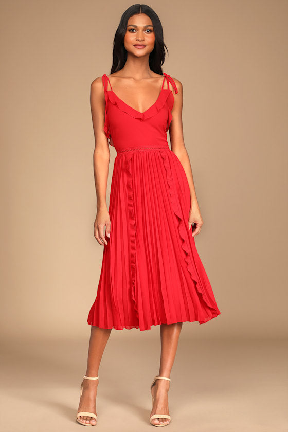 Never a Dull Moment Black Tie-Strap Pleated Midi Dress