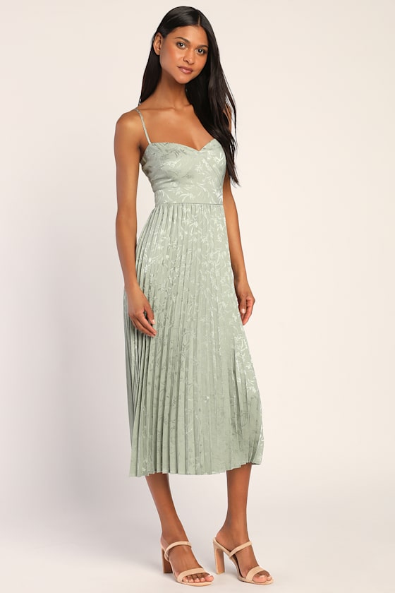 Regal Romance Emerald Floral Jacquard Pleated Satin Midi Dress