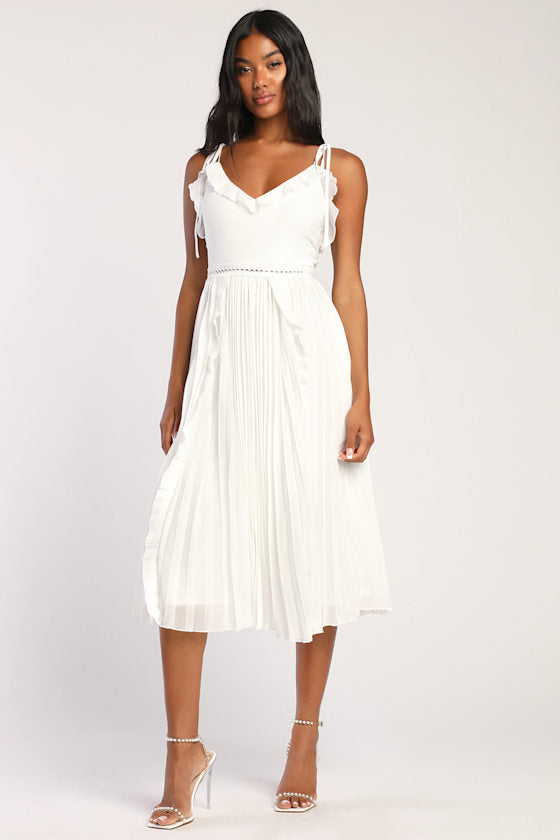 Never a Dull Moment Black Tie-Strap Pleated Midi Dress