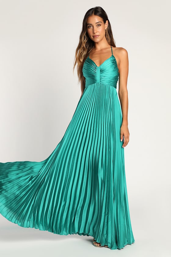 Dreaming in Color Coral V-Neck Pleated Satin Maxi Dress