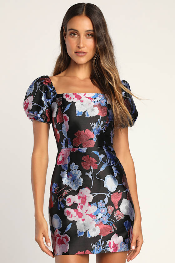 So Stunning Navy Blue Floral Jacquard Puff Sleeve Mini Dress