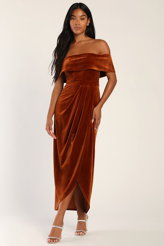 I'm Enchanted Navy Blue Velvet Off-the-Shoulder Maxi Dress