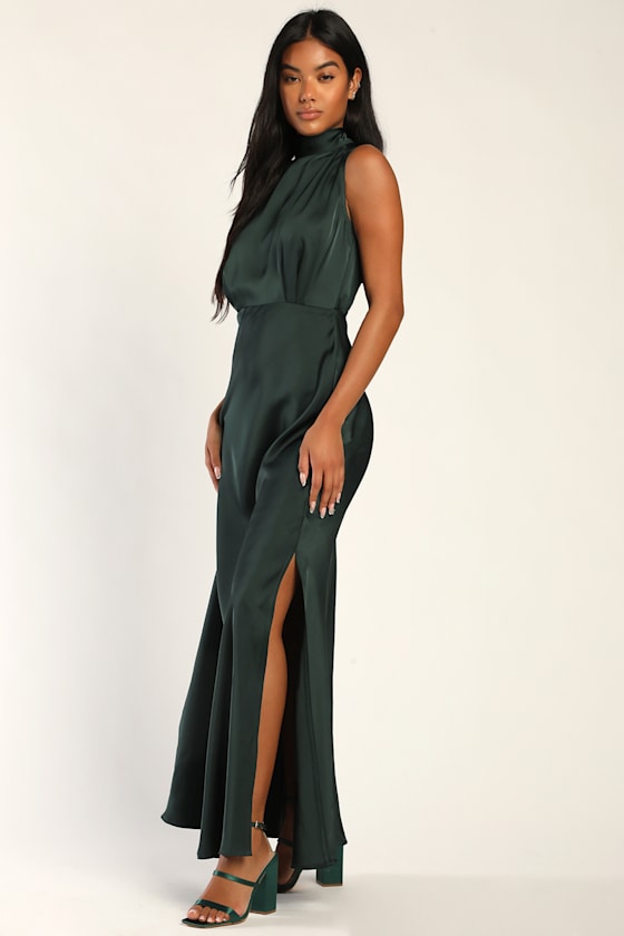 Classic Elegance Blush Satin Sleeveless Mock Neck Maxi Dress