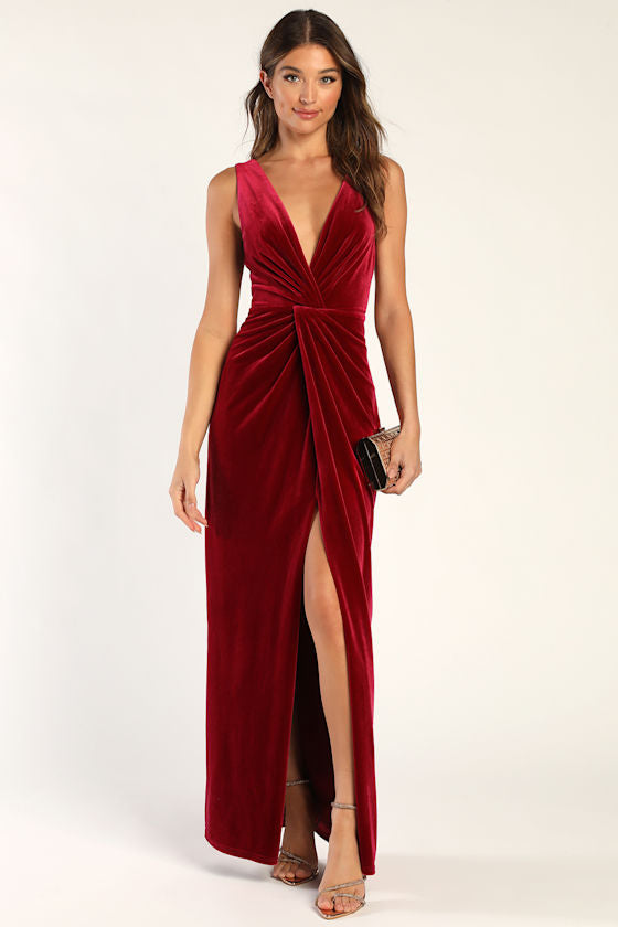 Beautiful Evenings Black Velvet Twist-Front Maxi Dress